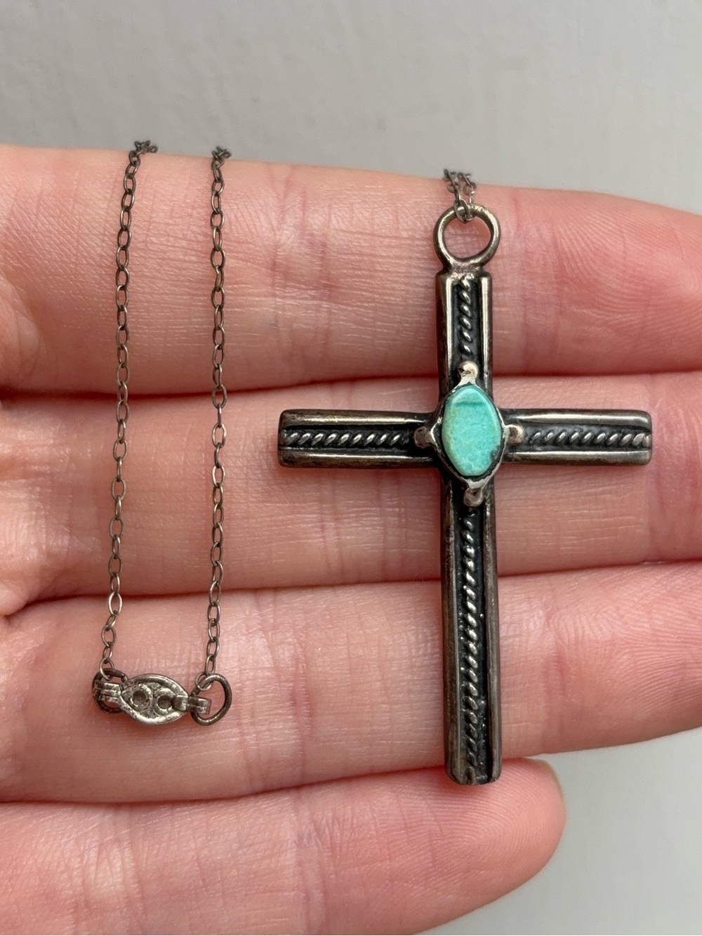 Sterling Silver Vintage Native American Turquoise Cross Pendant Necklace